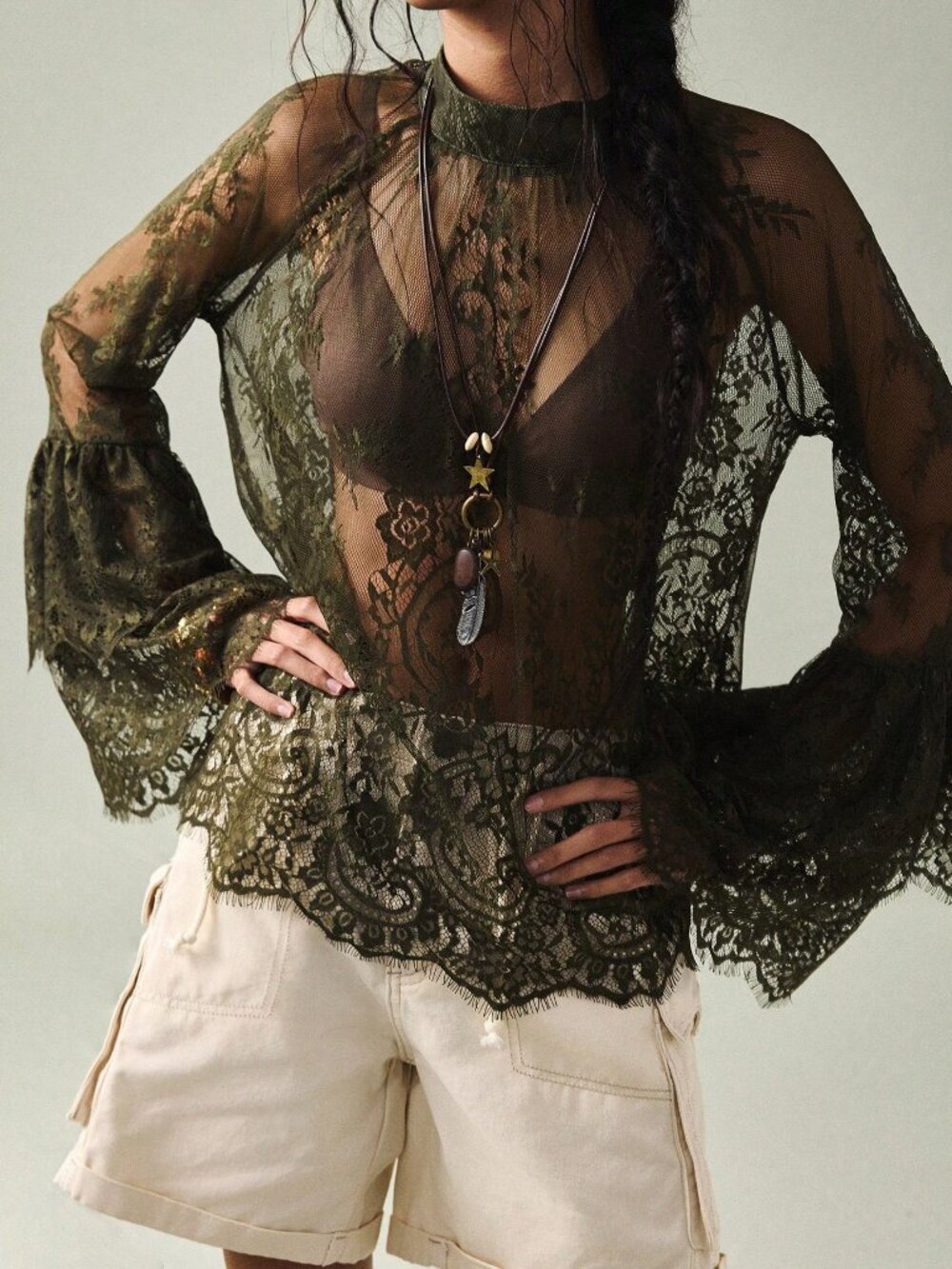 Army Green Elegant Women's Sheer Lace Flowy Sleeve Blouse - Picture 3 of 6